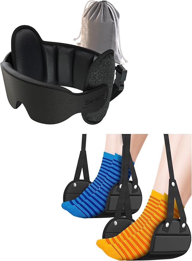 Travel Pillows and Airplane Foot Hammock for Long Flight, Travel Essentials, 360° Support Headrest, Stop Bobblehead, Foot Rest