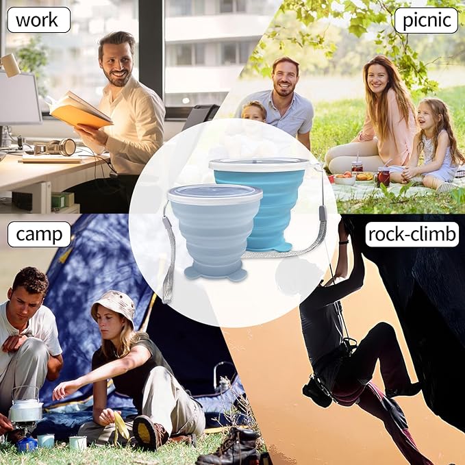 2 Pcs Collapsible Cups, Silicone Collapsible TravelCup, Expandable Folding Camping Drinking Cup with Lids Reusable Small Portable Mugs-Cup for Travel, Camping, Hiking,Outdoors (Light Blue&Sky Blue)