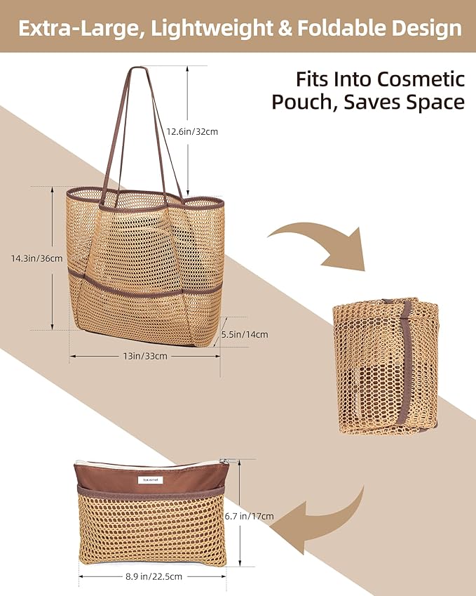Mesh Beach Tote Bag Packable,2026 New 2-in-1 Large Lightweight Foldable Beach Bags with Multiple Pockets for Women