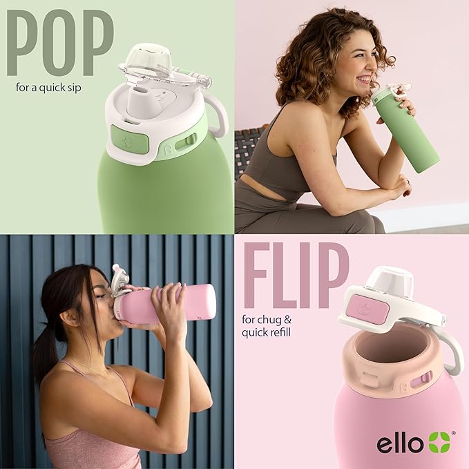 Ello Pop & Fill 22oz Stainless Steel Water Bottle with QuickFill Technology, Double Walled and Vacuum Insulated Metal, Leak Proof Locking Lid, Straw and Chug, Reusable, BPA Free, Porcelain Rose