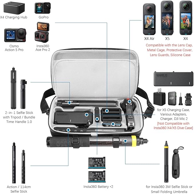 AMAZEAR Carrying Case for Insta360 X5 Accessories, Insta 360 X5 X4 Air Action Camera Waterproof Travel Carry Bag with Shoulder Strap, Compatible with 3M 9.8ft 2-in-1 Selfie Stick Tripod, Black