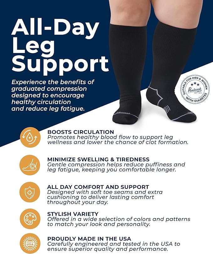 Pembrook Plus Size Compression Socks for Women Wide Calf - 3 Pairs, 20-30mmHg Extra Wide Calf Compression Socks, Up to 4XL