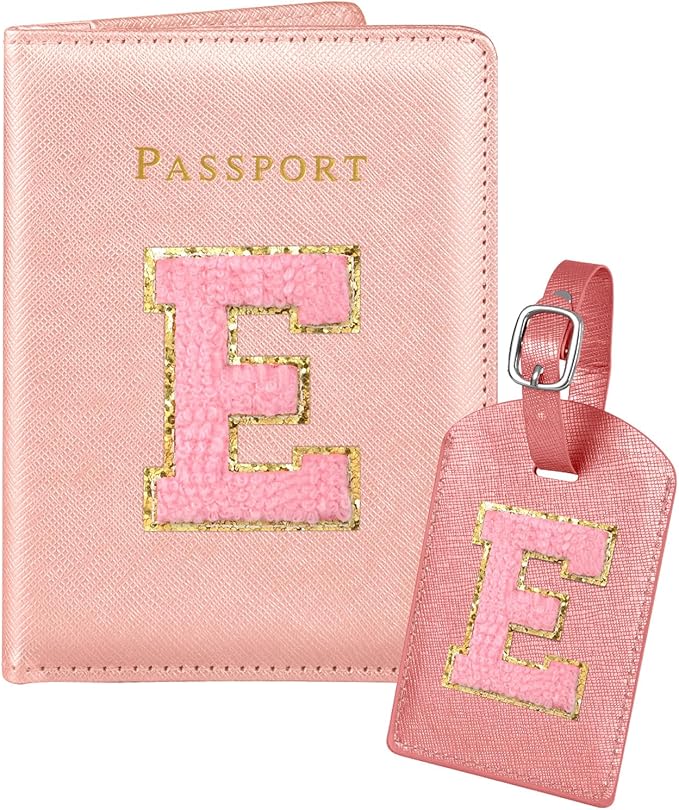 Slohif Passport Holder Initial Lugguage Tag Set Suitcase Cover Wallet Case for Travel Women - Leather Letter Passport Book Personalized Organizer Card Protector Sleeve Essentials Slim Carrier Red E