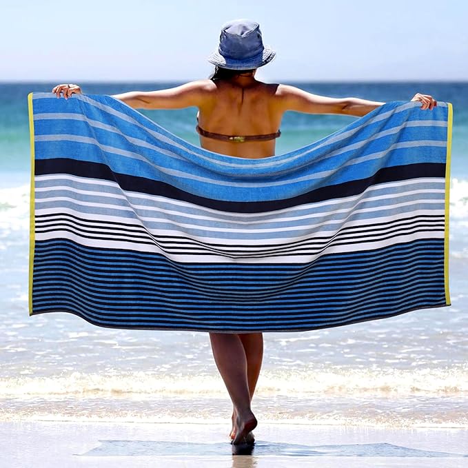Superior Cotton Beach Towel, Absorbent Oversized Towel for Swimming Pool, Camping, Bathroom, Shower, Large, Quick Drying, Adults, Kids, Colorful, Mira Striped Collection, 68" x 34", Blue-Navy