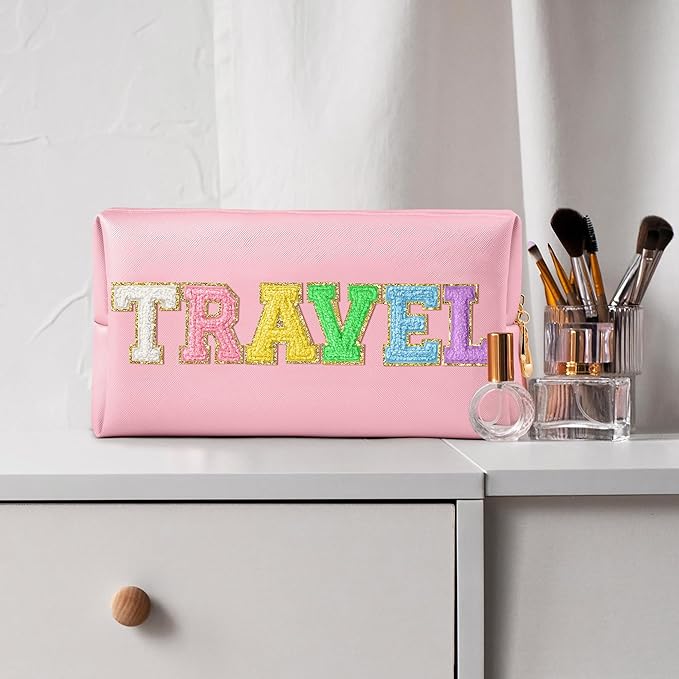 CY2SIDE TRAVEL Letter Makeup Bag - Colorful Chenille Letter Patch Cosmetic Bag Pink PU Leather Patch Pouch Waterproof Portable Zipper Travel Organizer Christmas Idea Gifts for Women Girls, Pink