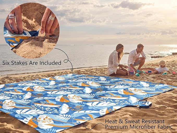 WEKAPO Beach Blanket Waterproof Sandproof Oversized, Extra Large Beach Mat Sand Free, Lightweight & Compact Sand Free Mat with 6 Stakes & 4 Corner Pockets