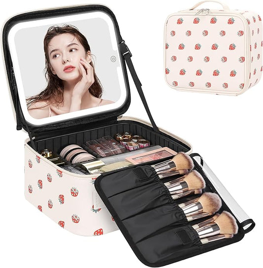 Relavel Travel Makeup Bag with LED Mirror, Portable Cosmetic Train Case with 3 Color Lighted Brightness Mirror, Makeup Artist Organizer Storage with Adjustable Dividers Make Up Box - White Strawberry