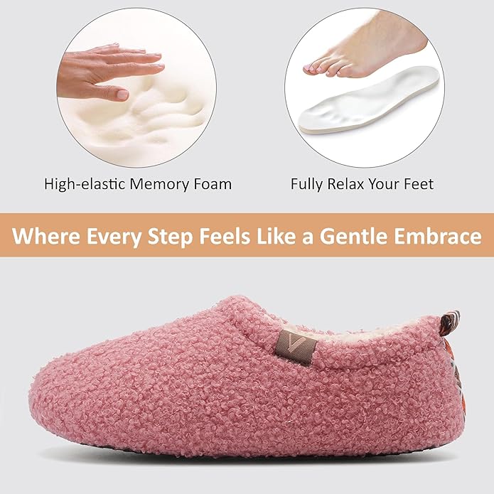 Women’s Fuzzy Memory Foam Slippers with Cozy Curly Fur and Warm Fleece Lining Closed Back Non-Slip House Shoes Lightweight Soft Comfy Indoor Bedroom Slippers