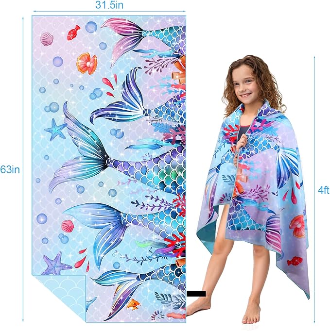 MelonBoat Mermaid Microfiber Beach Towel: Extra Large Quick Dry Beach Towel for Travel, Sand Free Super Absorbent, Thin Lightweight Compact for Kids Girls Trip Vacation Beach Bath Camping Pool Swim
