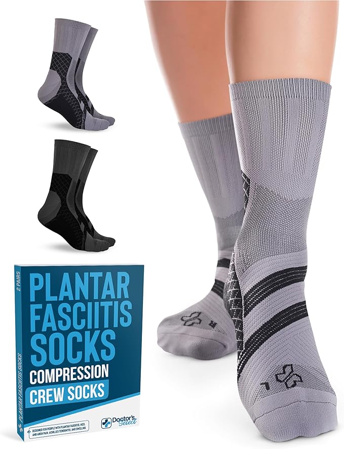 Doctor's Select Plantar Fasciitis Socks - 2 Pairs | Compression Crew Socks for Plantar Fasciitis Relief | Arch Support Socks