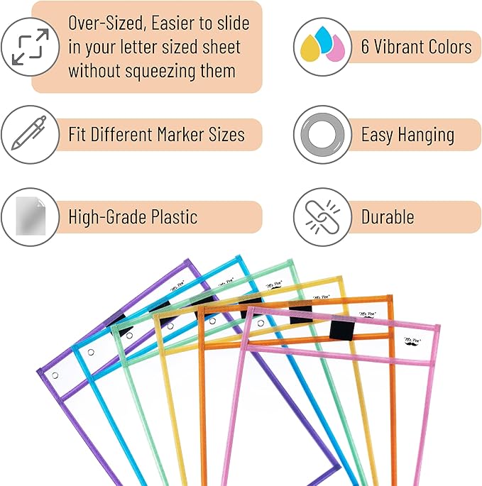 Mr. Pen- Dry Erase Pocket Sleeves, 10 x 14 Inch, 6 Pack, Pastel Colors, Reusable Plastic Sleeves for Classroom, Clear