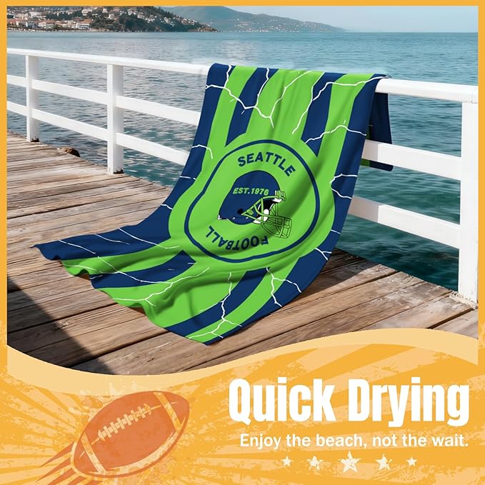 Football Fan Thin Lightweight Microfiber Beach Towel Seattle Themed Quick Dry Absorbent Packable Oversized Towels Men Women Gear Seahawks Team Dad Husband Guy Him Christmas Cool Useful Fun Gifts