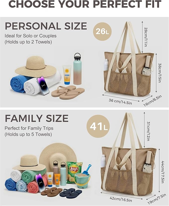 HOMESPON Beach Bag Large Waterproof Sandproof Tote for Women with Zipper and Mesh Pockets