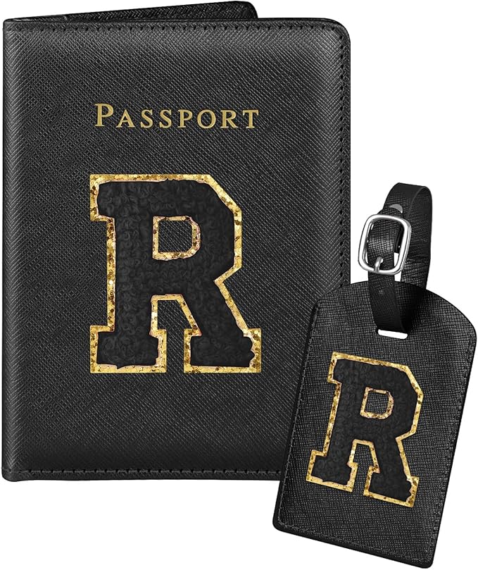 Slohif Passport Holder Initial Lugguage Tag Set Suitcase Cover Wallet Case for Travel Women - Leather Letter Passport Book Personalized Organizer Card Protector Sleeve Essentials Slim Carrier Black R