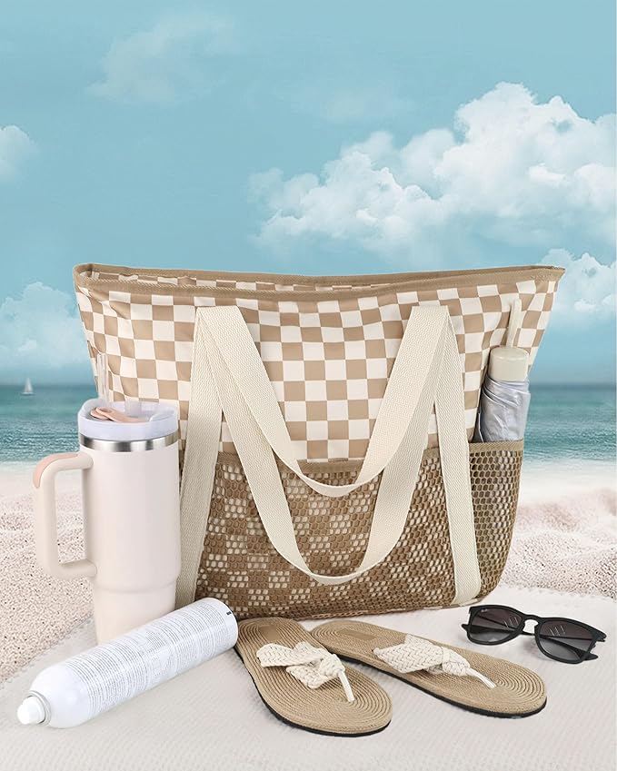 HOMESPON Beach Bag Large Waterproof Sandproof Foldable Tote for Women with Zipper Mesh Pockets for Pool Swim Travel Everyday