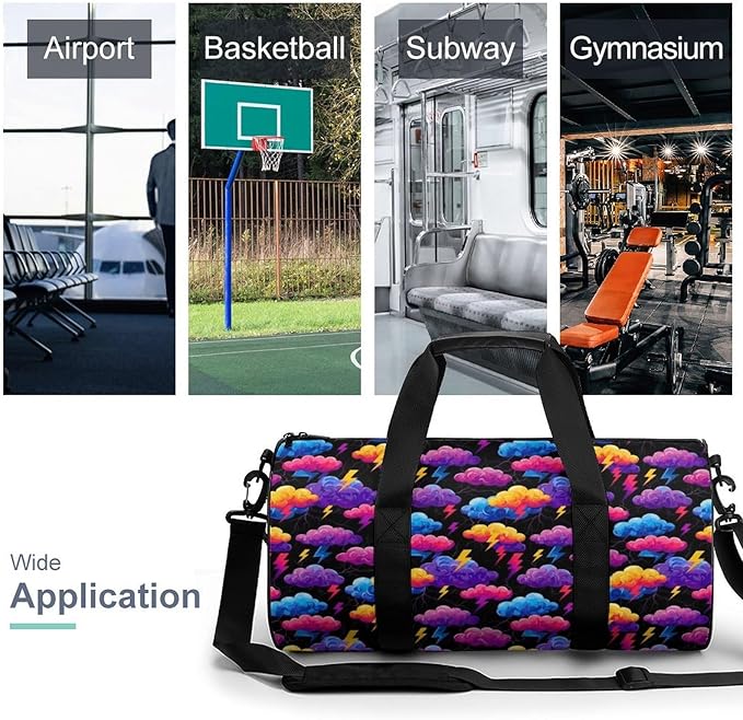 Weekender Carry on Beach Yoga Overnight Luggage Bag Unique Lightning Bolt Storm Clouds Pattern Print Gym Sports Duffle Bag Dance Gymnastics Bags