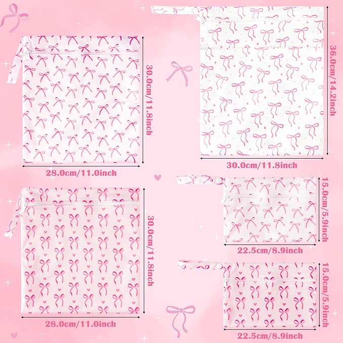 R HORSE 5Pcs Waterproof Baby Diaper Bag, Cute Pink Bow Wet Dry Bag with Handle Zipper Toiletry Organizing Pouches for Cloth Diapers Swimsuits Travel Beach Pool Essentials for Boys Girls