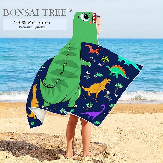 Dinosaur Beach Towel, Dinosaur Towel for Kids with Hood T-rex Hooded Towel for Boys 30x50" Cool Cartoon Microfiber Bath Towel Poncho Bathrobe for Swin Pool cover Up, Green Blue dinosaur birthday gifts