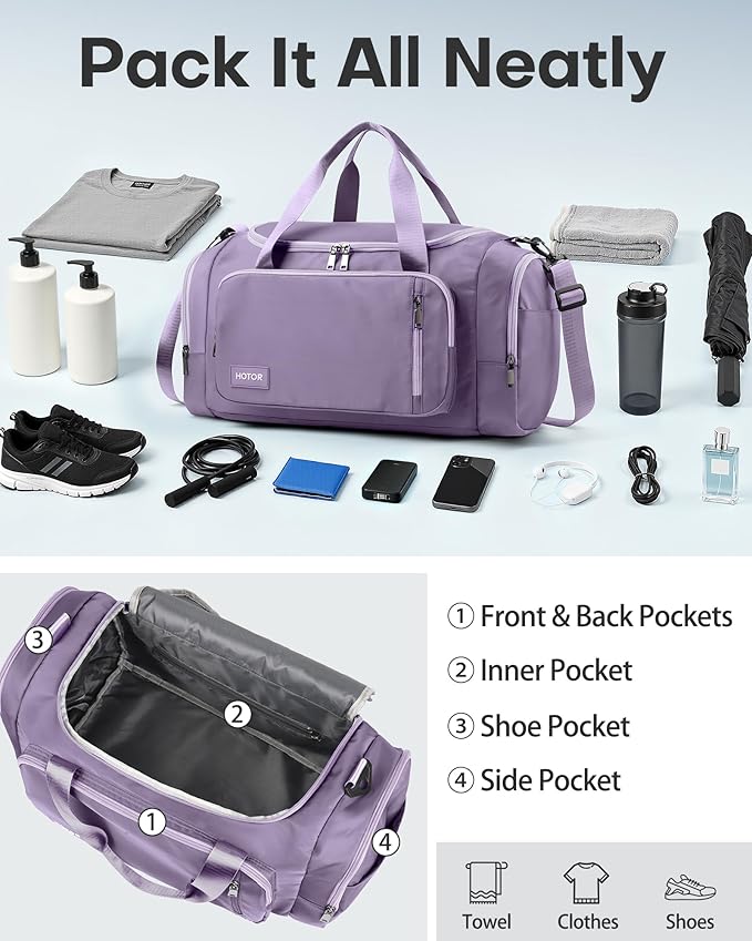 HOTOR Gym Bags for Men & Women - Spacious Duffle Bag with Shoe Compartment & Wet Pocket, Carry On Weekender Bag Portable Sports Duffel Bag for Workout, Fitness, Travel, Purple, 20.5" x 11.0" x 10.6"
