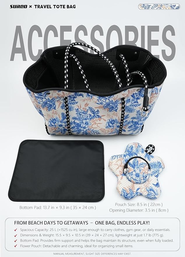 Neoprene Tote Bag for Women, Large Travel Beach Bag with Detachable Pouch, Stylish Lightweight Everyday Carryall