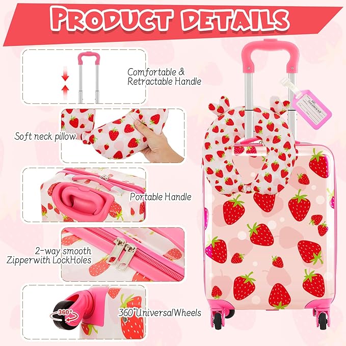 Sanwuta 4 Pcs Kids Luggage Set Rolling Suitcase Backpack U-shaped Pillow Kids Carry On Gift for Summer Travel Family Trip(17 Inch,Strawberry Style,Light Pink)