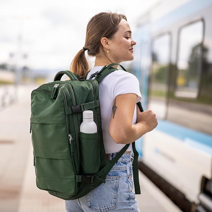 (Not Made In China) Travel Backpack For Men and Women, Airline Approved Carry On Bag w/Shoe Compartment, Holds 15.6" Laptop, USB Charging Port (Columbus, Green, 2 Pack)