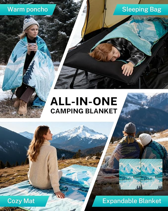 Gonex Camping Blanket with Aero-Warmth Tech Layer, Puffy Printed Packable Blanket Ultralight & Warm Wearable Water-Resistant Quilt for Outdoor, Camping, Hiking, Travel, Picnics 79" X 55" (Iceberg)