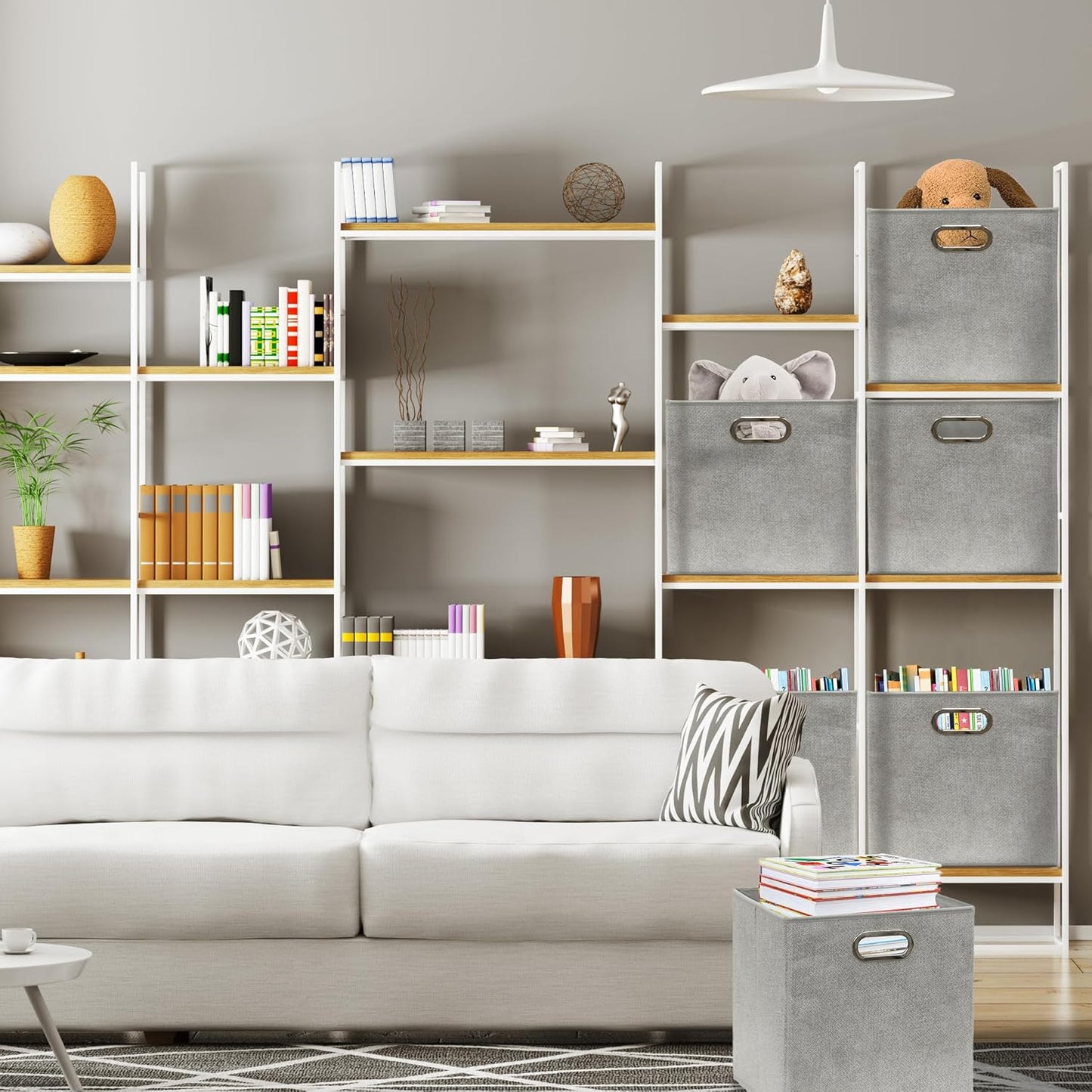 SIMPLE HOUSEWARE 11-Inch Collapsible Fabric Cube Storage Bin with Handles, Printed Design, 6 Pack, Gray