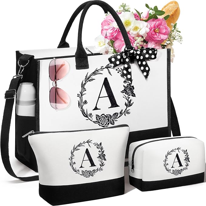 Personalized Gifts for Women, Initial Canvas Tote Bag & Makeup Bag Monogrammed Beach Tote Bags for Women w/Zipper, Easter Gift Bags Mothers Day Birthday Gifts for Mom Her Sister Best Friend Teacher