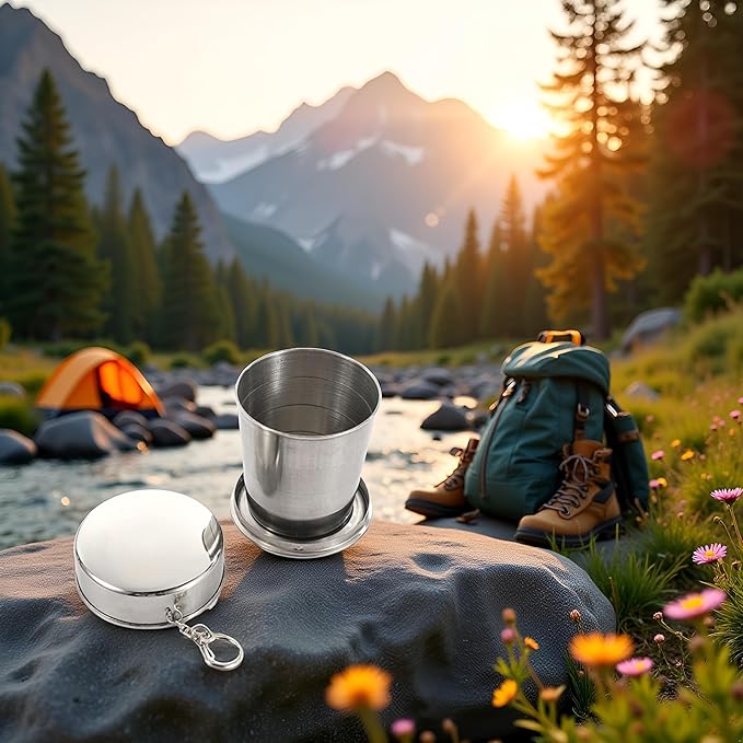 1Pc Silver Stainless Steel Folding Camping Mug Collapsible Portable Cup with Keychain for Outdoor Activities Hiking Picnic(Large), Camp Kitchen