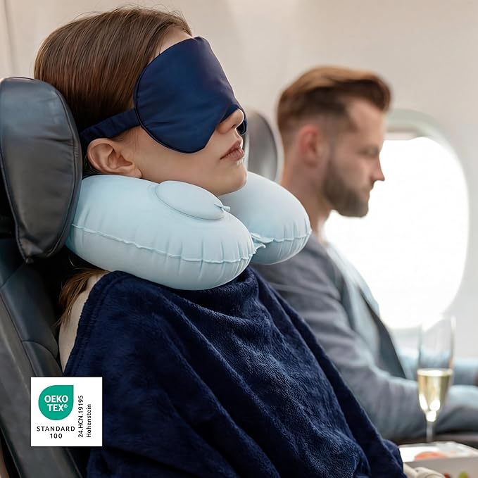 Bedsure Travel Blanket and Pillow Set with Inflatable Neck Pillows, Eye Mask and Storage Bag, Lightweight 3-in-1 Airplane Packable Blanket, Compact Travel Essentials, Navy