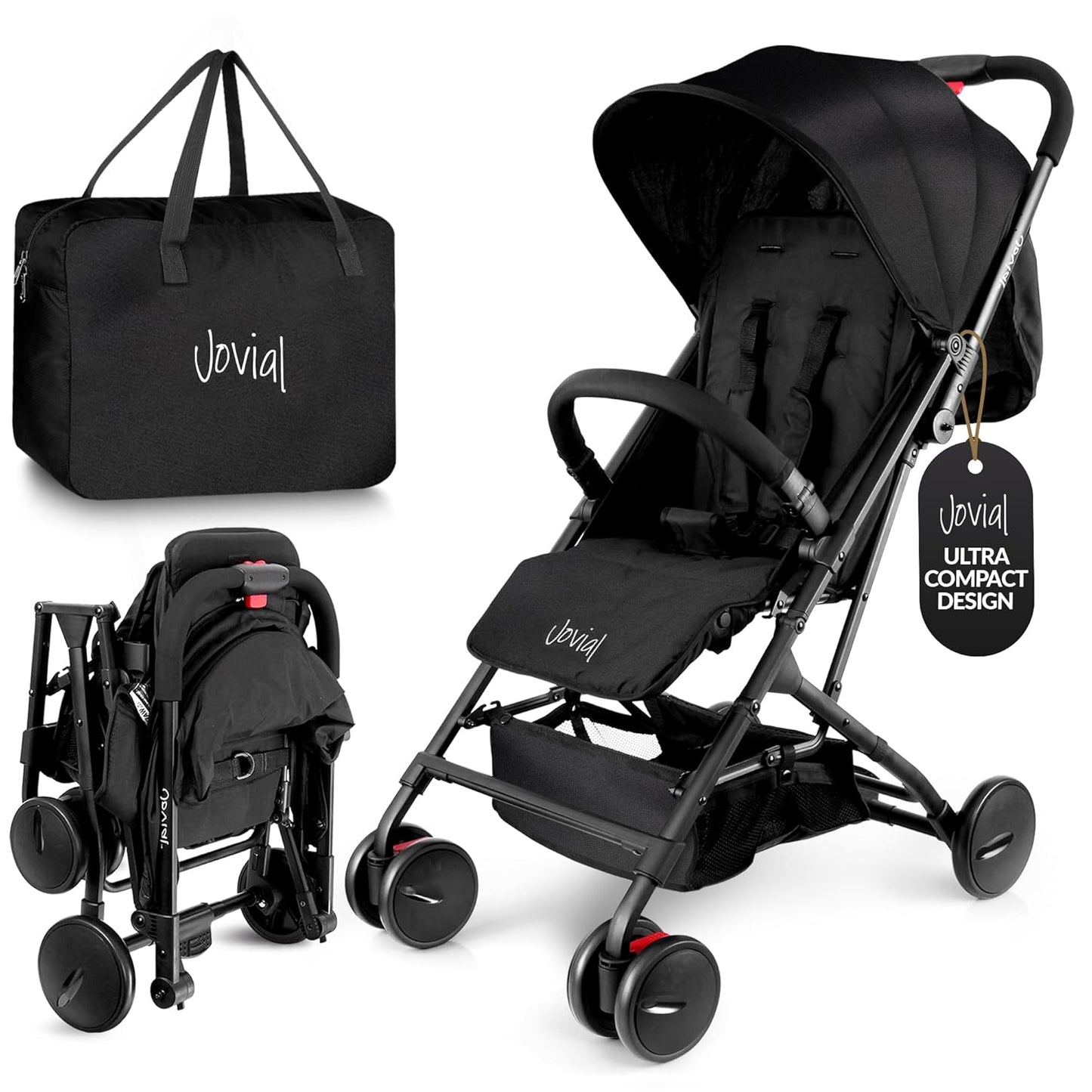 Jovial Lightweight Baby Stroller, Folding Travel Stroller with Reclining Seat, Canopy, 5-Point Safety Harness, Storage Basket, Smooth Wheels, Compact Portable Design (39.8" x 18.7" x 32.3")