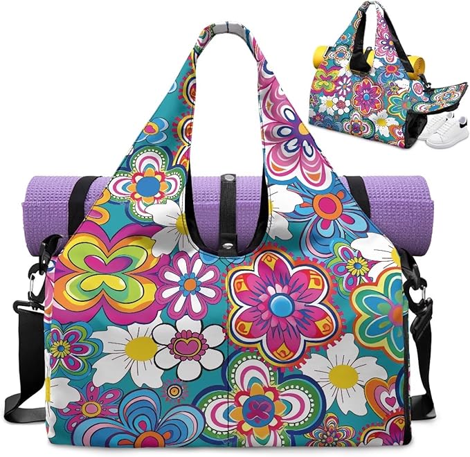 Colorful Hippie Flowers Gym Bag for Women with Shoes Compartment Carry on Weekender Overnight Bags Travel Duffel Bags Sports Workout Yoga Carrier Ladies Gifts