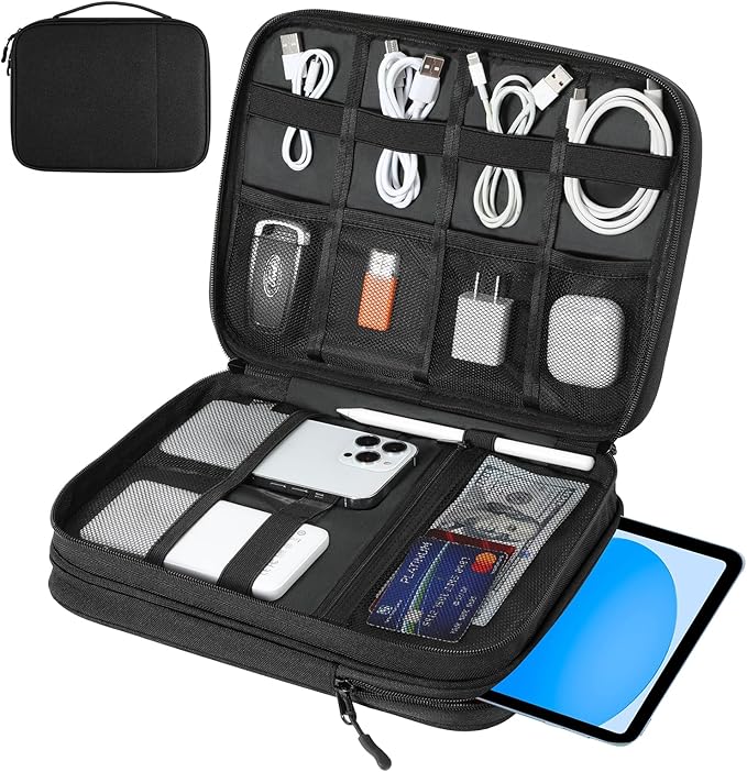 Dadanism Electronics Travel Organizer Case, Double Layers Cord Organizer Travel All-in-One Storage Bag for Cable, Cord, iPad, Chargers, fits 9-11'' Tablets, Portable Tech Accessories Bag, Black