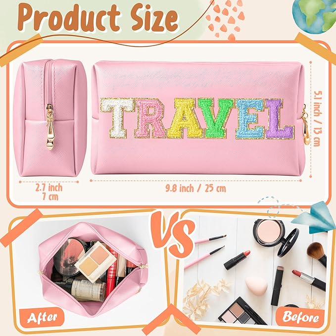 CY2SIDE TRAVEL Letter Makeup Bag - Colorful Chenille Letter Patch Cosmetic Bag Pink PU Leather Patch Pouch Waterproof Portable Zipper Travel Organizer Christmas Idea Gifts for Women Girls, Pink