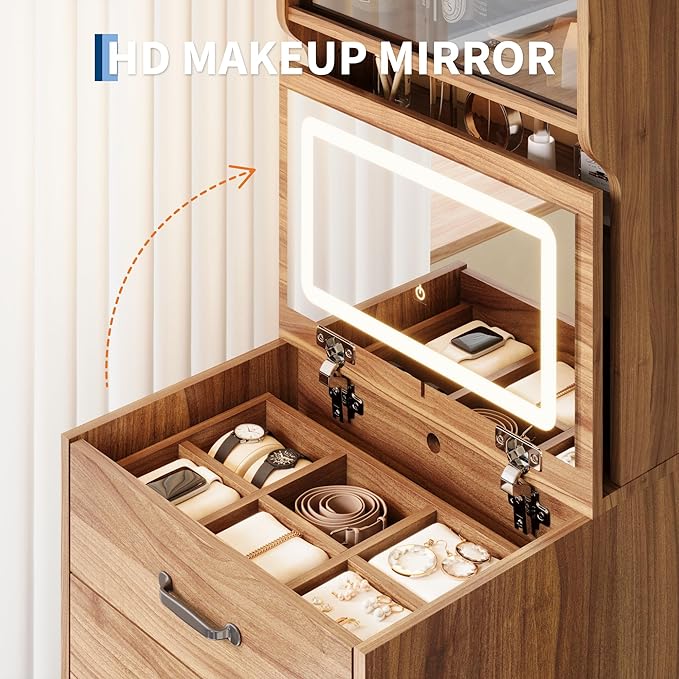 Garvee 3 in 1 Vanity Desk with 3 Color LED, Compact Makeup Vanity Set with 2 AC Outlets & USB, Dressing Table with Drawers & Acrylic Doors, Nightstand Vanity Mirror, Jewelry Box, Hidden Chair, Walnut