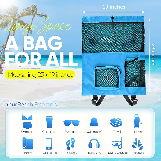 Swim Mesh Beach Bag, Waterproof Gym Bags for Women and Men, Large Pool Bag Swimming Gear Drawstring Backpack