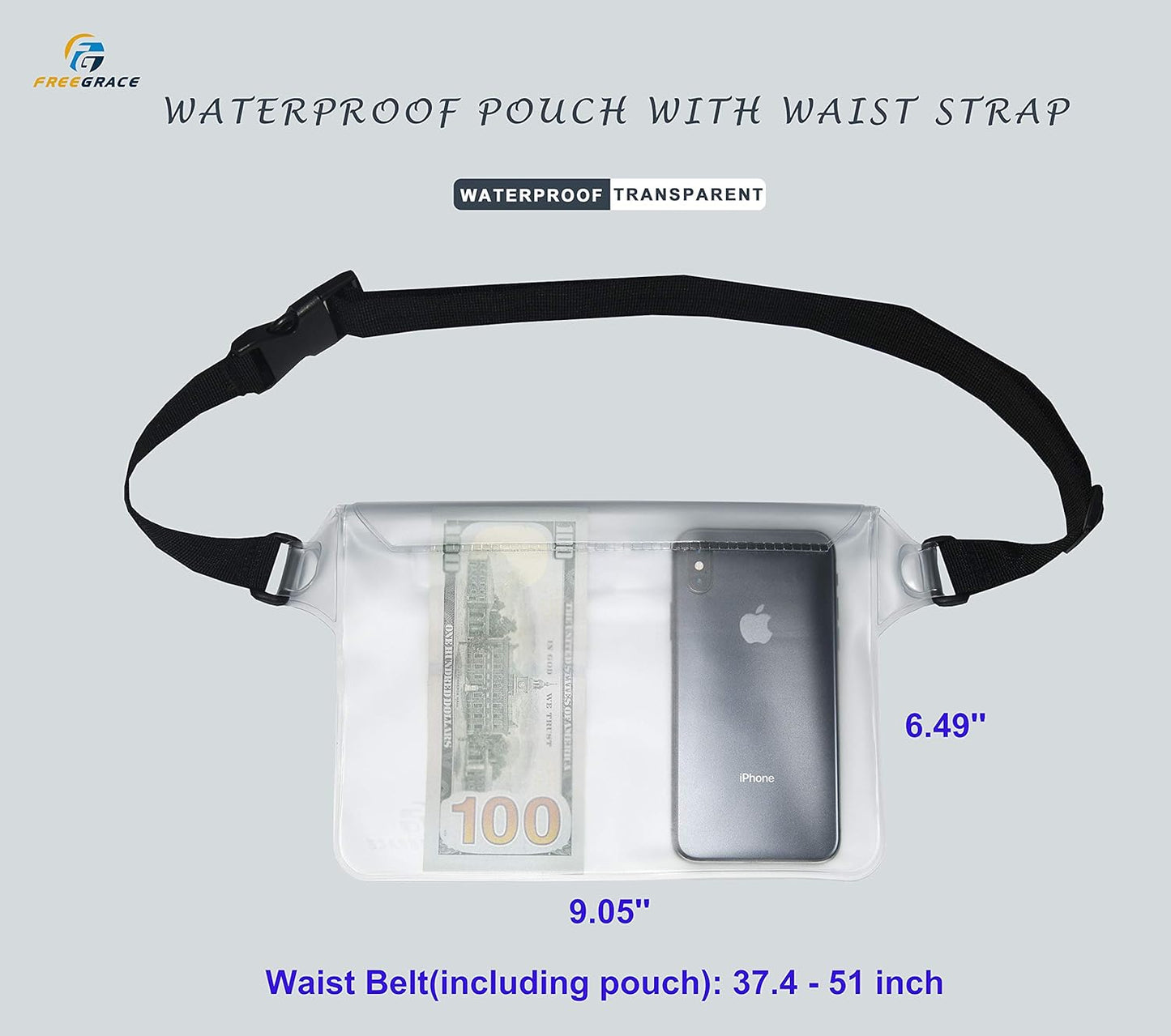Freegrace Waterproof Pouches with Waist Strap / Pouch Case Bundle Set- Keep Your Phone & Valuables Dry and Safe - Waterproof Dry Bags for Boating Swimming Snorkeling Kayaking Beach Water Parks Pool