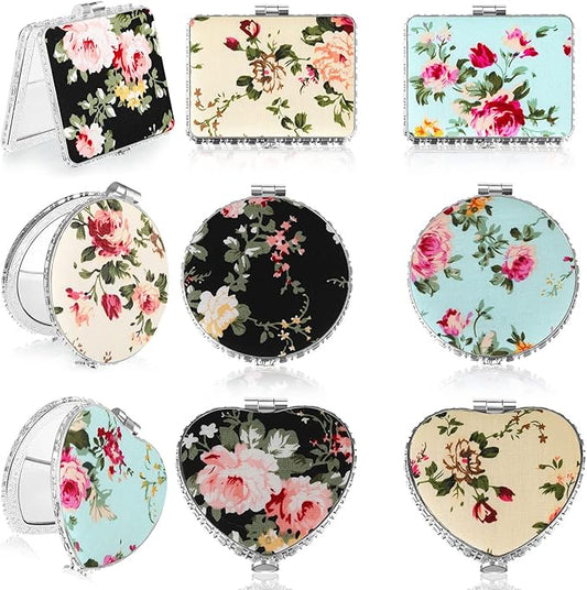 Blulu 9 Pcs Vintage Floral Compact Mirror for Purse Bulk Small Folding Pocket Mirror Portable for Women Christmas Makeup Beauty Gifts, Round Square Heart(Silver,Peony Pattern)