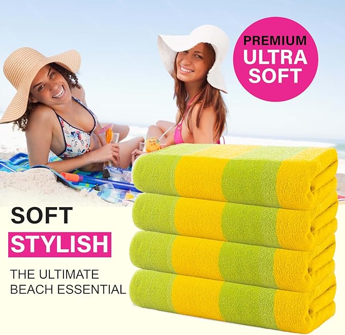 CASA COPENHAGEN Malibu Towel 4Pcs Lime Green Designer Stripe Beach Towels Gift Set, 30"x60" Oversized 100% Cotton Pool Bath Towel for Beach Gift Set (Perfect Summer Gift Set for Women & Men)
