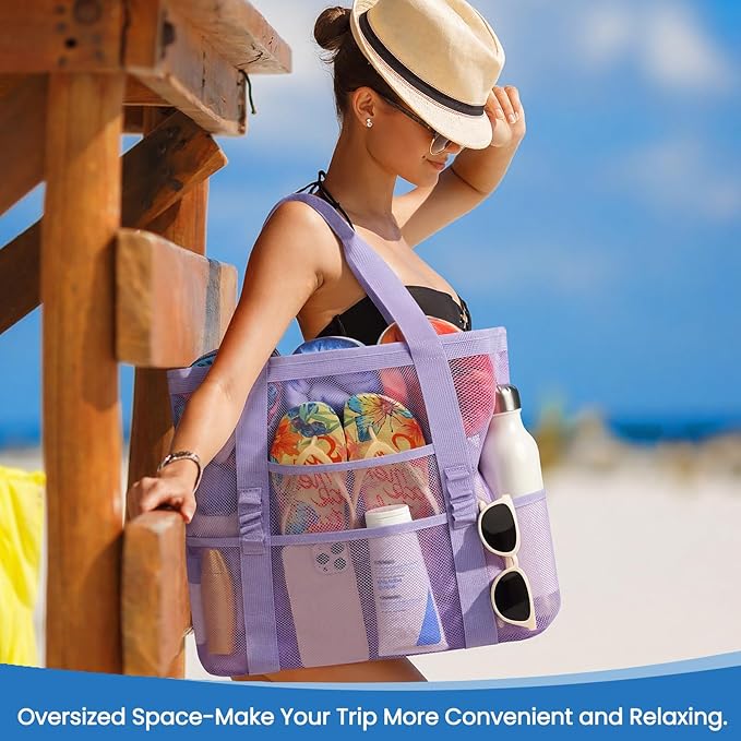 Beach Bag - Mesh Beach Bag Large 8 Pockets, Beach Tote Bag Beach Essentials for Vacation Must Haves