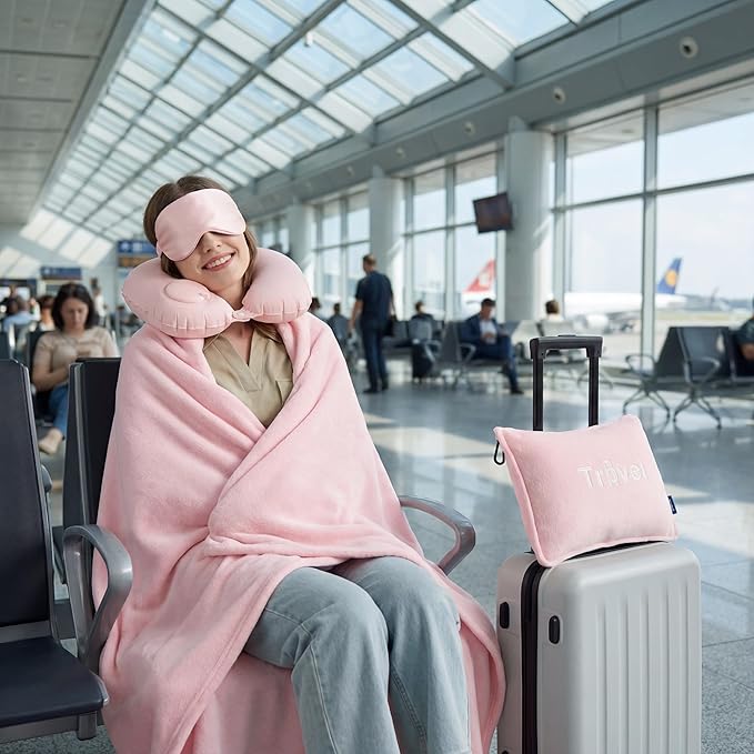 Bedsure Travel Blanket and Pillow Set with Inflatable Neck Pillows, Eye Mask and Storage Bag, Lightweight 3-in-1 Airplane Packable Blanket, Compact Travel Essentials, Pink