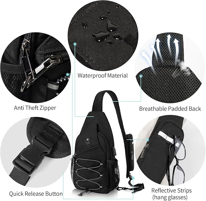 S Size Sling Bag Fits 9.7in iPad, Anti-Theft Crossbody Chest Bag for Men & Women, Water Resistant with RFID Pocket