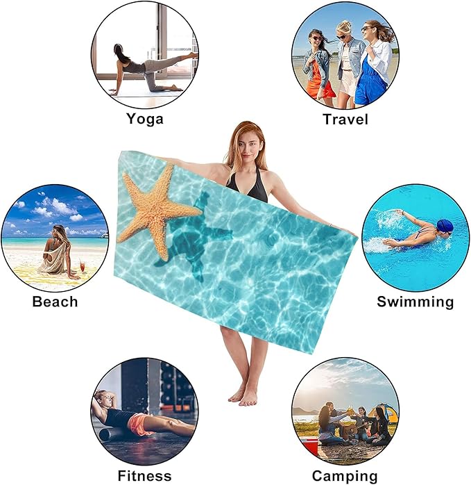 Starfish Microfiber Beach Towels,Starfish on Summer Beach in Sea Water Oversized Absorbent Bath Towels,Soft Quick Dry Thin Camping Towel for Adults Women Men,29.5"×59"