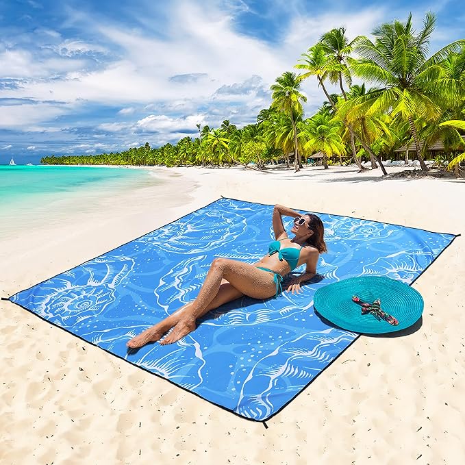 Beach Blanket Waterproof Sandproof Beach Mat 79”x 83” for 1-8 Adults Quick Drying Durable Outdoor Picnic Mat for Beach Festival Travel Camping Hiking (Conch Shell-BL, 79"×83"(4 Person))