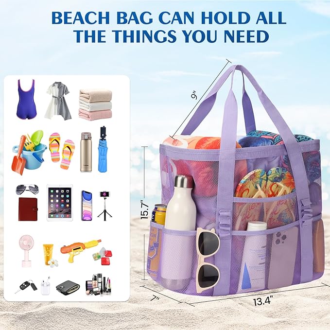 Beach Bag - Mesh Beach Bag Large 8 Pockets, Beach Tote Bag Beach Essentials for Vacation Must Haves