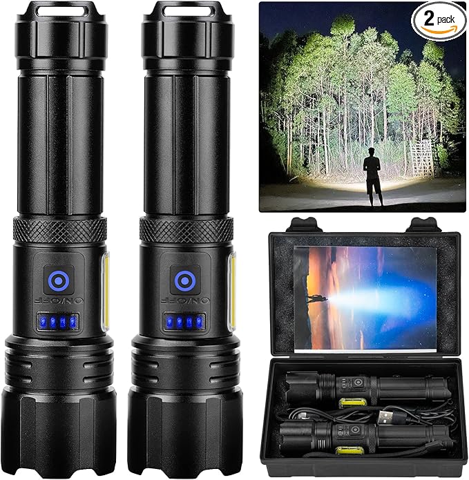 Flashlight LED Rechargeable Flashlights High Lumens, 99,000 LM Super Bright Powerful Flashlight, High Powered Flash Lights Waterproof Handheld Flashlights for Home Camping Hiking(2 Pack)