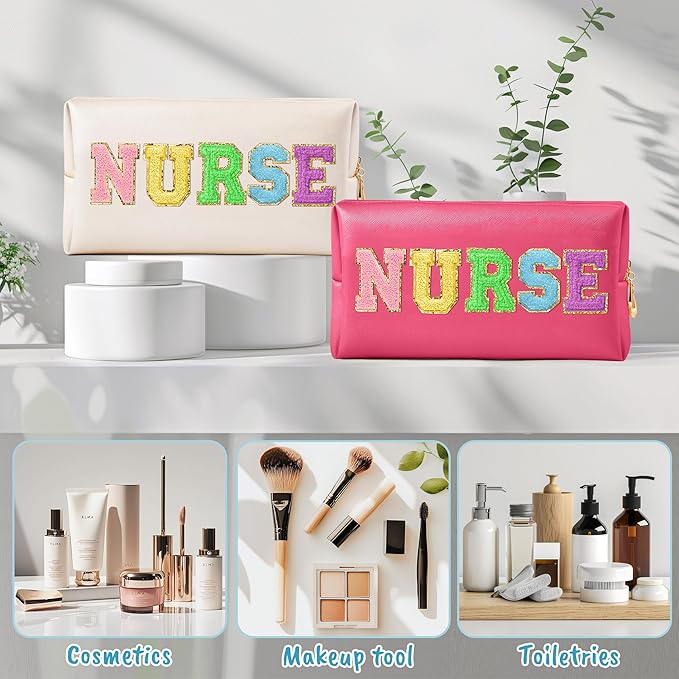 CY2SIDE NURSE Letter Makeup Bag - Colorful Chenille Letter Patch Cosmetic Bag Shell Gold PU Leather Patch Travel Pouch Waterproof Portable Zipper Travel Organizer Case Christmas Gifts for Nurse Women