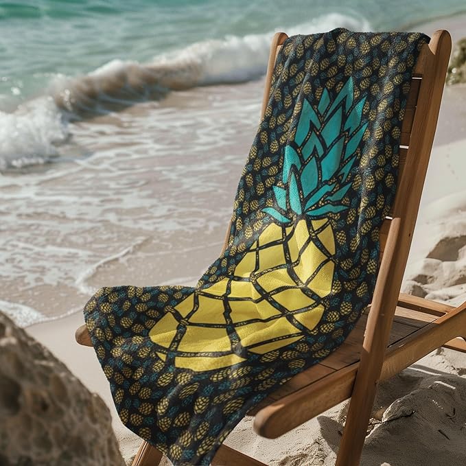 Pineapple Beach Towel 30”x60” – 100% Cotton Velour, Absorbent, Quick-Dry, Easy-Pack for Spring Break, Vacation, Beach, Pool, or Sunbathing – Lightweight, Compact for Travel – Funny Novelty Gift