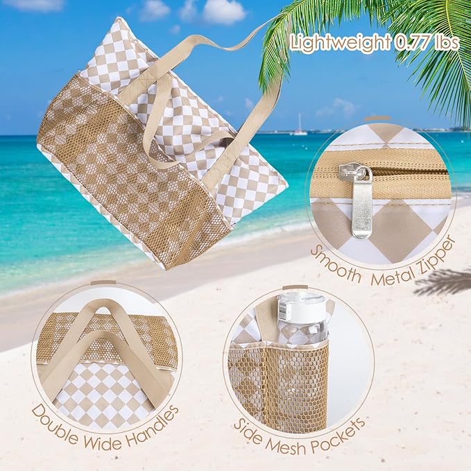 KABAQOO Large Beach Bag Waterproof Sandproof Tote Bag for Women with Zipper & Mesh Pockets for Pool Swim Travel Everyday